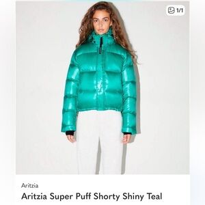 Aritzia Teal Shiny Super Puff Shorty Puffer Jacket